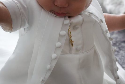 Baby dressed dor a baptism in a christening gown by Atelier Gabriella, Melbourne
