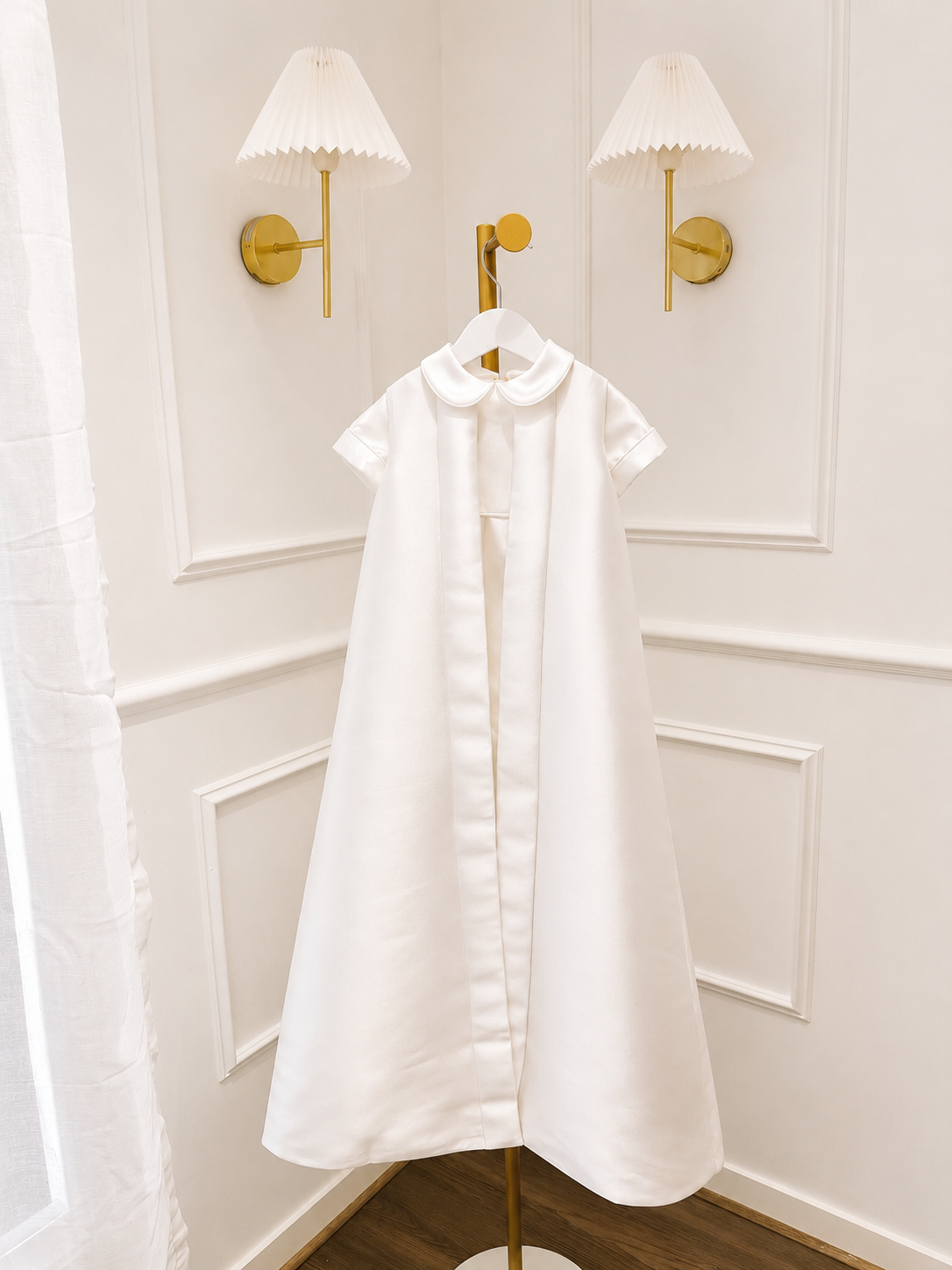 Mikado silk boys romper and cape set for baptism and christening