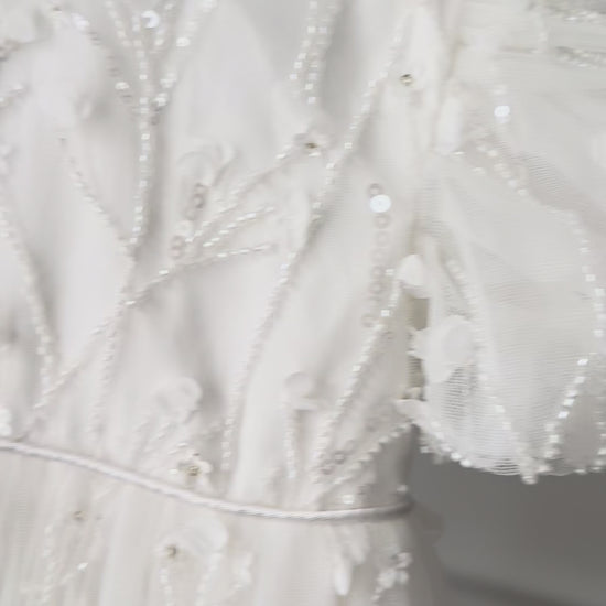 SOPHIA baptism and christening gown white sequin 3D floral appliqué puff sleeves Australia
