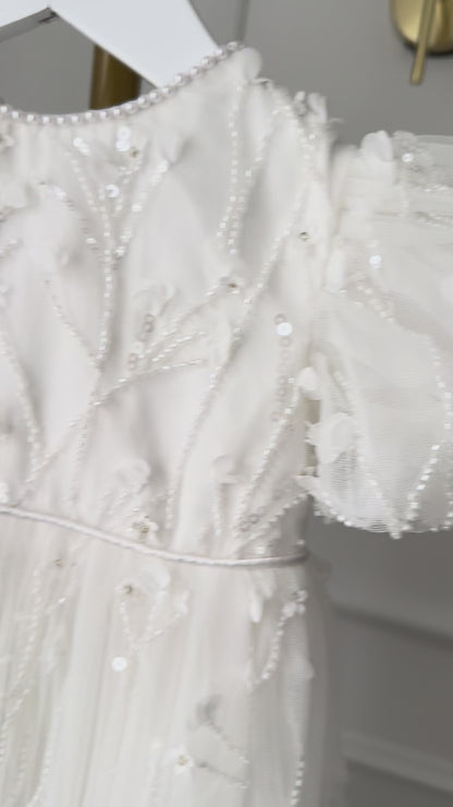 SOPHIA baptism and christening gown white sequin 3D floral appliqué puff sleeves Australia
