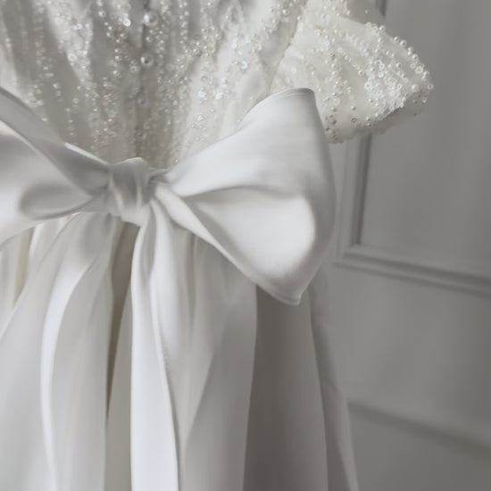 GABRIELLA Mikado baptism and christening gown white sequin pearl puff sleeves Australia
