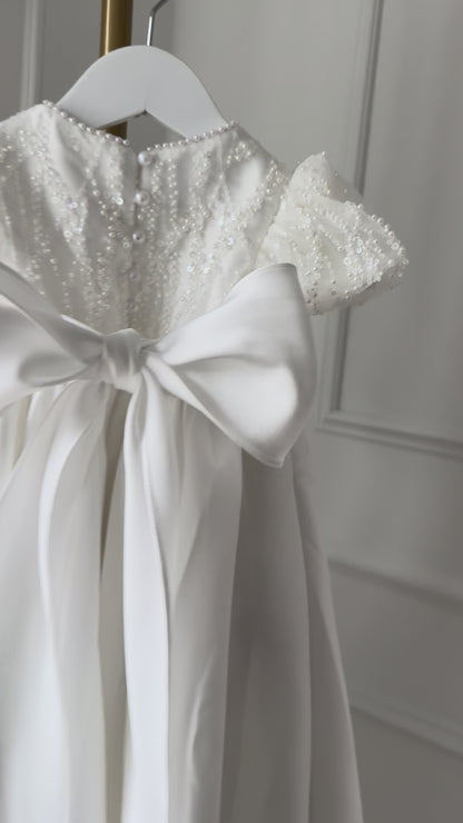 GABRIELLA Mikado baptism and christening gown white sequin pearl puff sleeves Australia
