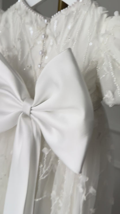 SOPHIA baptism and christening gown white sequin 3D floral appliqué puff sleeves Australia
