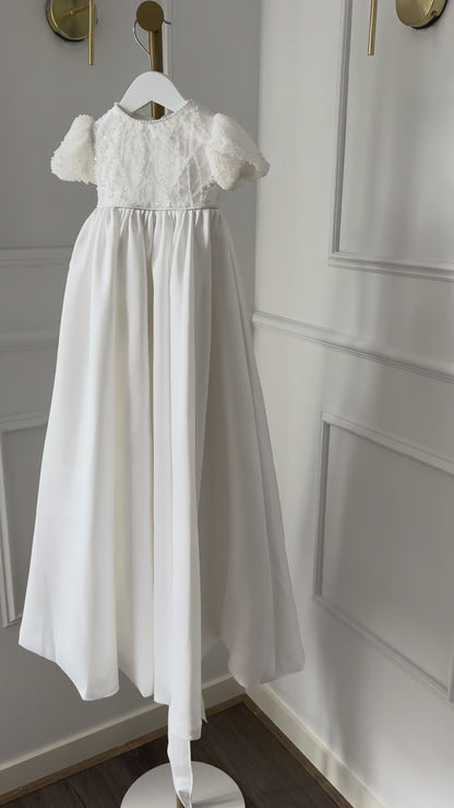 GABRIELLA Mikado baptism and christening gown white sequin pearl puff sleeves Australia
