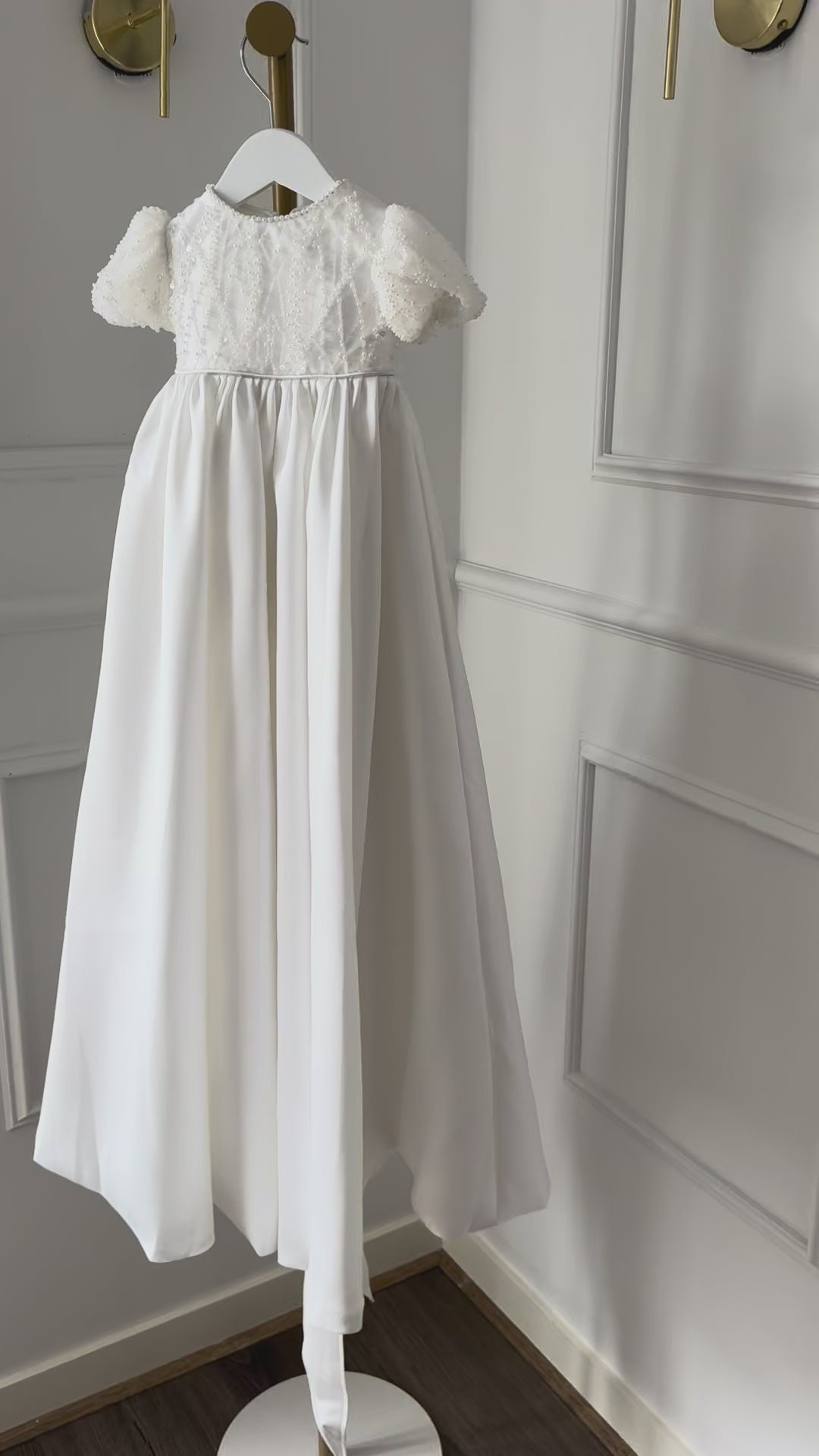 GABRIELLA Mikado baptism and christening gown white sequin pearl puff sleeves Australia
