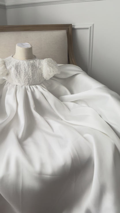 GABRIELLA Mikado baptism and christening gown white sequin pearl puff sleeves Australia